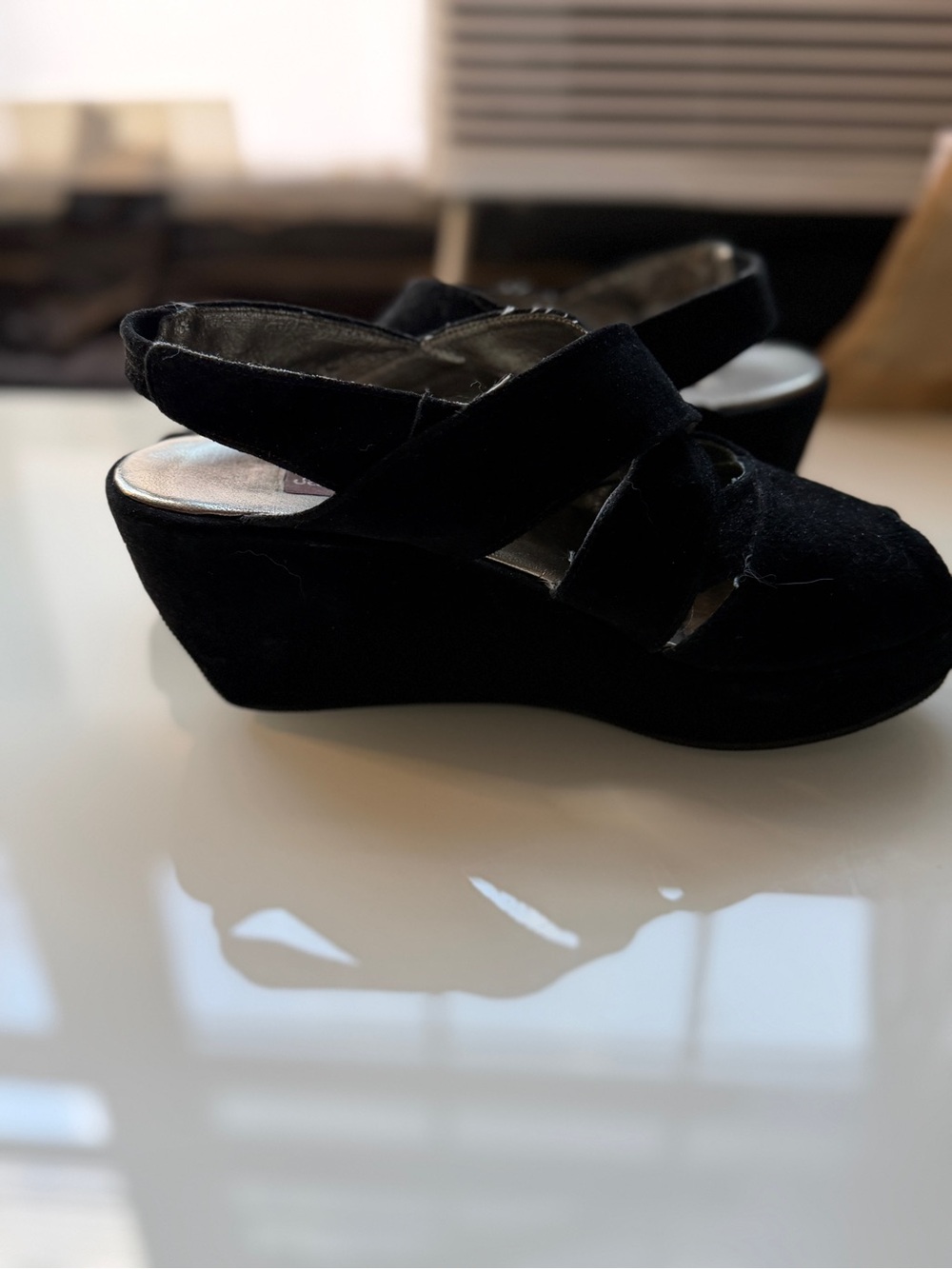 Black Suede Wedge Slingback Sandals